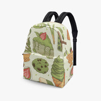 Kids canvas backpack with black top handles and green food print front panel