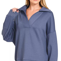 Blue indigo collared pullover with front pocket detail