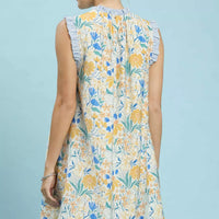 Floral babydoll dress, sleeveless back view with high ruffled neck, blue-yellow print