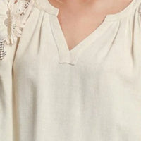 Oatmeal french terry V-neck boxy top with lace-trimmed sleeves