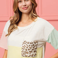 Color block crew neck T-shirt with leopard print front pocket and mint sleeve panel