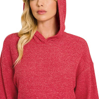 Red heather pullover hoodie with drawstring hood and kangaroo pocket