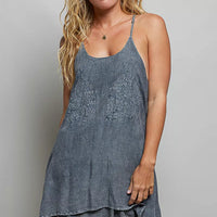 Embroidered mini dress with thin spaghetti straps, dark blue-gray, flared hem