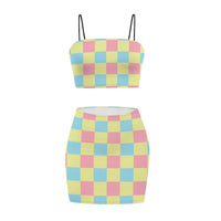 Retro Green Orange Yellow Checkerboard Co Ord Set - Women's Crop Tank Top & Checkered Mini Skirt