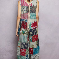 Back view sleeveless patchwork wide-leg jumpsuit in multicolor patch blocks