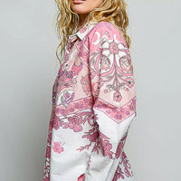 Floral button-down shirt with pink floral print on ivory, long sleeves and button placket