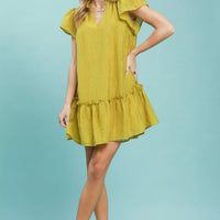 Avocado textured ruffle-hem mini dress with V-neck and short ruffled sleeves