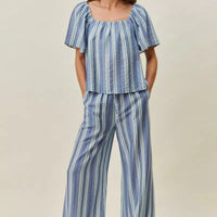Blue striped wide-leg pull-on pants, full length with elastic waist