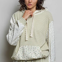 Sage mixed-knit contrast sleeve print hoodie with lace trim hood and front kangaroo pocket