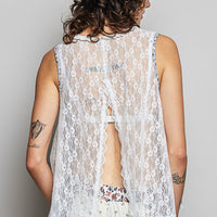 Off-white woven lace back round-neck sleeveless top with open back detail
