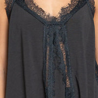 Dark gray V-neck cami with lace panel detail and scalloped trim