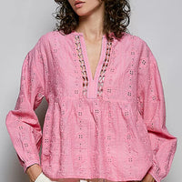 Pink eyelet lace cotton blouse, split V neckline with embroidered trim, gathered bust