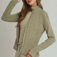 Olive soft fleece full-zip jacket with side pockets and long sleeves