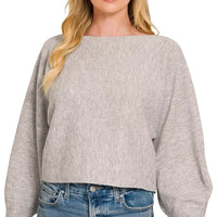 Grey knit sweater with boat neck and balloon sleeves