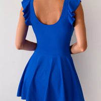 Royal blue ruffled-sleeve swim dress with scooped back and ruched waist bow