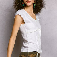 Off-white textured knit V-neck short-sleeve top with lace-trimmed neckline