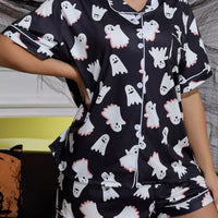 Black ghost print button-down lounge set, short sleeves and shorts