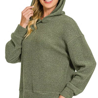 Dark olive hooded pullover with kangaroo pocket and ribbed hem