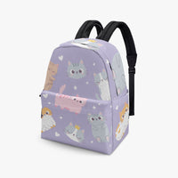 Kids purple kitten-print backpack front three-quarter view with black top handles