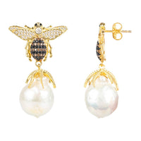 Gold-tone bee drop earrings with crystal wings and white pearl dangle, hook backing