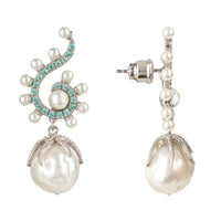 Silver-tone drop earrings shown from the side, with pearl cluster and white pearl dangle