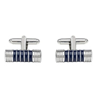 Silver cufflinks with cylindrical blue and black enamel barrels