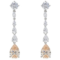 Silver drop earrings with clear stones and a champagne teardrop quartz center, 4-stone swing