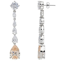 Silver drop earrings with prong-set square stones and a champagne pear quartz dangle