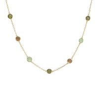 Gold chain necklace with small oval green and brown bead charms