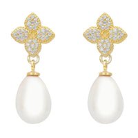 Gold clover flower CZ earrings with dangling white teardrop pearl drops