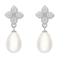 Clover flower cz pearl drop earrings, silver-tone, teardrop pearl dangle
