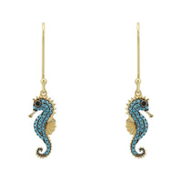 Gold seahorse drop earrings with turquoise glitter details and dangling seahorse charm