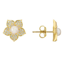 Gold pearl stud earrings with flower-shaped gemstone cluster and butterfly back