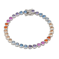 Silver heart tennis bracelet with multicolored faceted stone links
