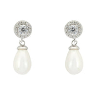 Silver teardrop pearl earrings with round crystal stud tops