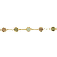 Gold bracelet with linked oval charms in green and brown enamel