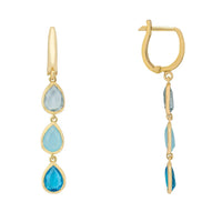 Gold triple teardrop earrings with stacked blue stones, shown as drop and hoop