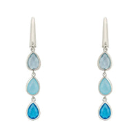 Silver triple teardrop earrings with three blue stone drops