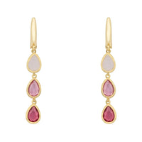 Gold triple teardrop drop earrings with pink and lilac stones