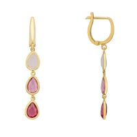 Gold triple teardrop drop earrings with pink and lilac stones, back view