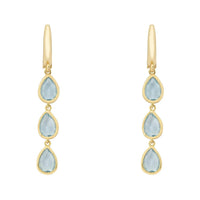 Gold teardrop earrings with three blue topaz stones, dangling on small hooks
