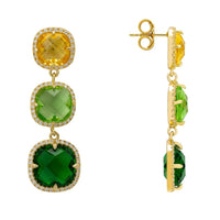 Gold-tone side view of stacked round yellow and green gemstone drop earrings