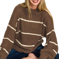 Brown striped oversize sweater with crew neck; thick knit with wide white stripes