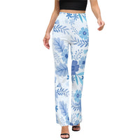 Blue Floral Print High Waist Flared Pants Women’s Botanical Summer Trousers