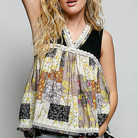 Black sheer floral V-neck tank with lace trim and multicolor patchwork squares
