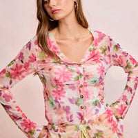 Floral mesh cardigan top in pink multi with button front, V-neck, and long sleeves