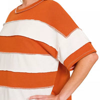 Burnt orange and white striped terry top with crew neck and short sleeves