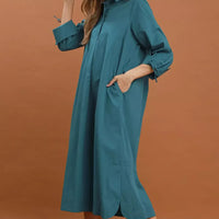 Teal collared button-front midi dress with gathered sleeve cuffs and relaxed skirt