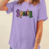 Lavender short-sleeve T-shirt with sequined 'Spooky' patch-style lettering