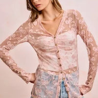 Dusty rose mesh V-neck cardigan top with bow pattern, shirred body, button front